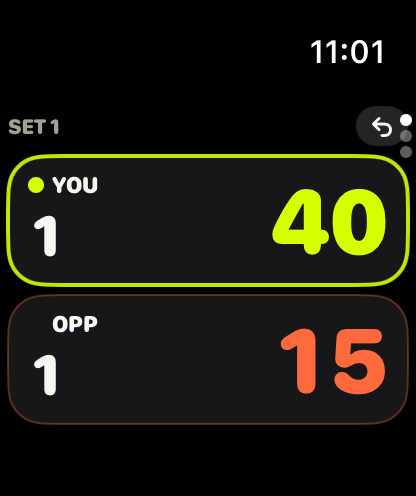 Love-40 on Apple Watch: you lead 40–15 in the first set, one game all